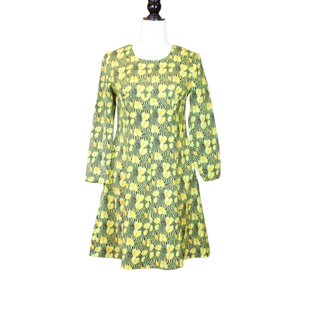 Vintage Minet Midi Dress 1960 Mod Style Long Sleeve Small Yellow Black Bees D167